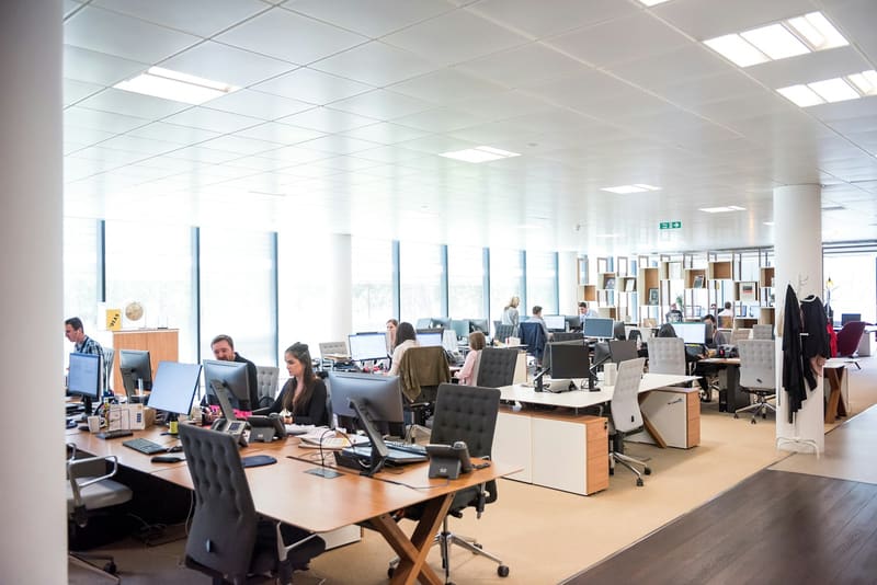 An open-plan office with staff working at their desks